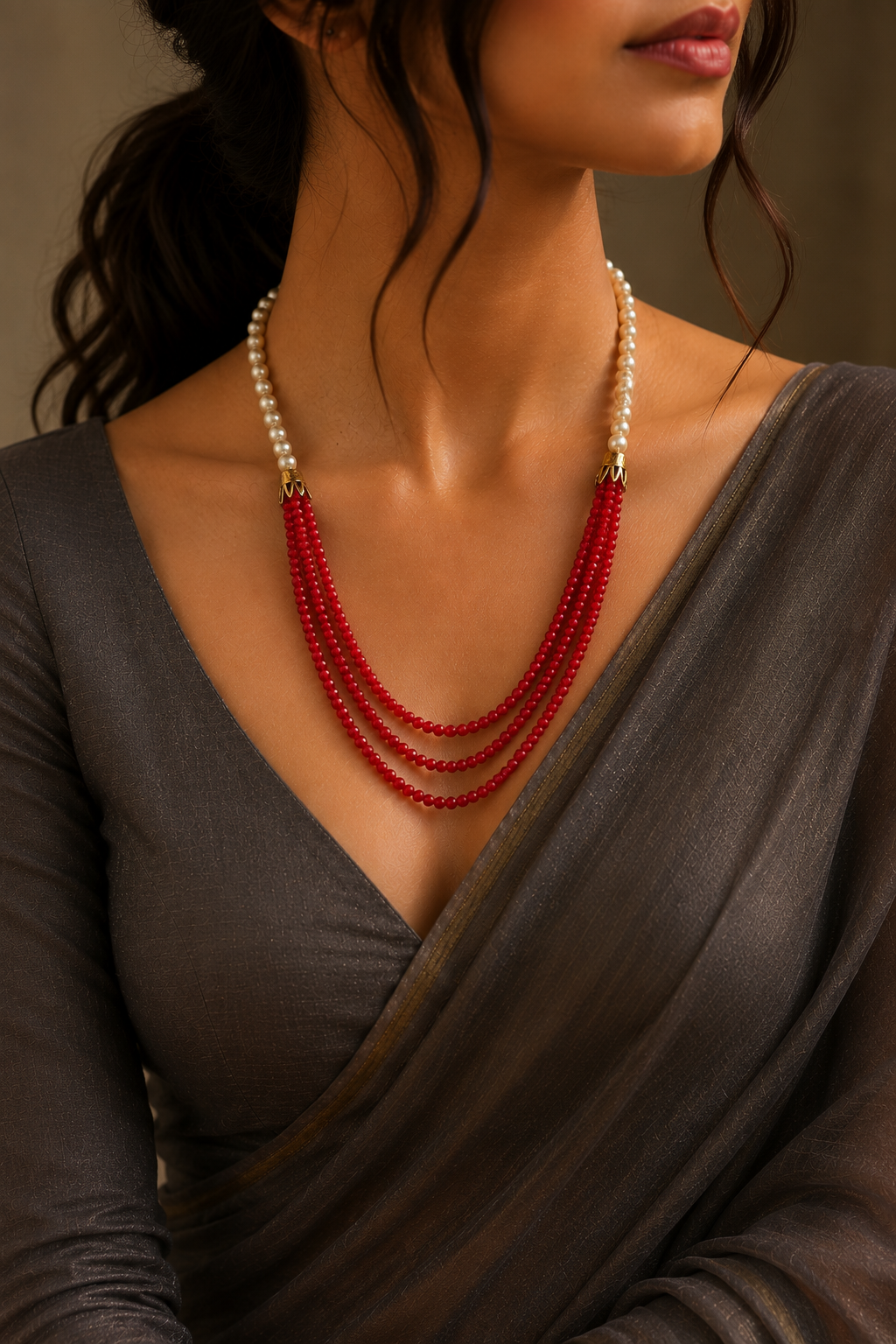 Coral Red & Pearl Multi-Strand Necklace