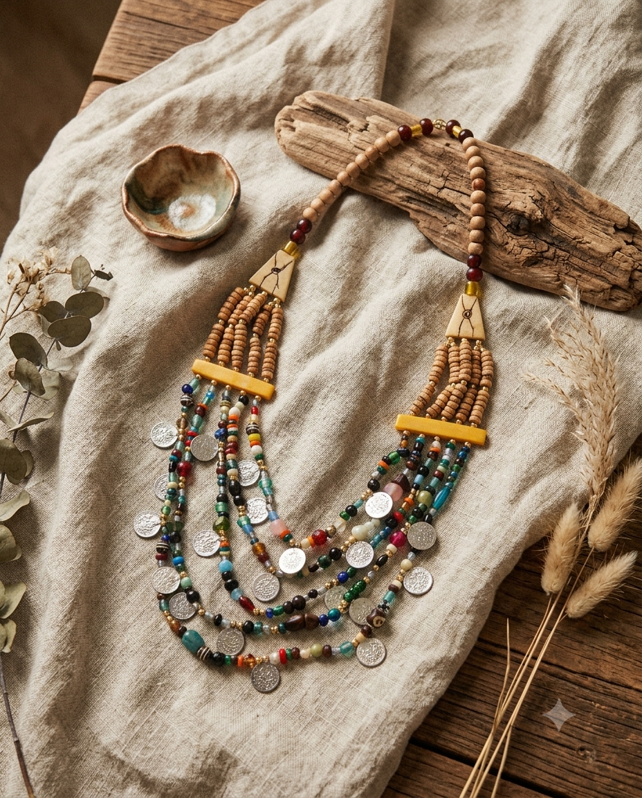 Boho Coin & Multi-Strand Beaded Tribal Necklace