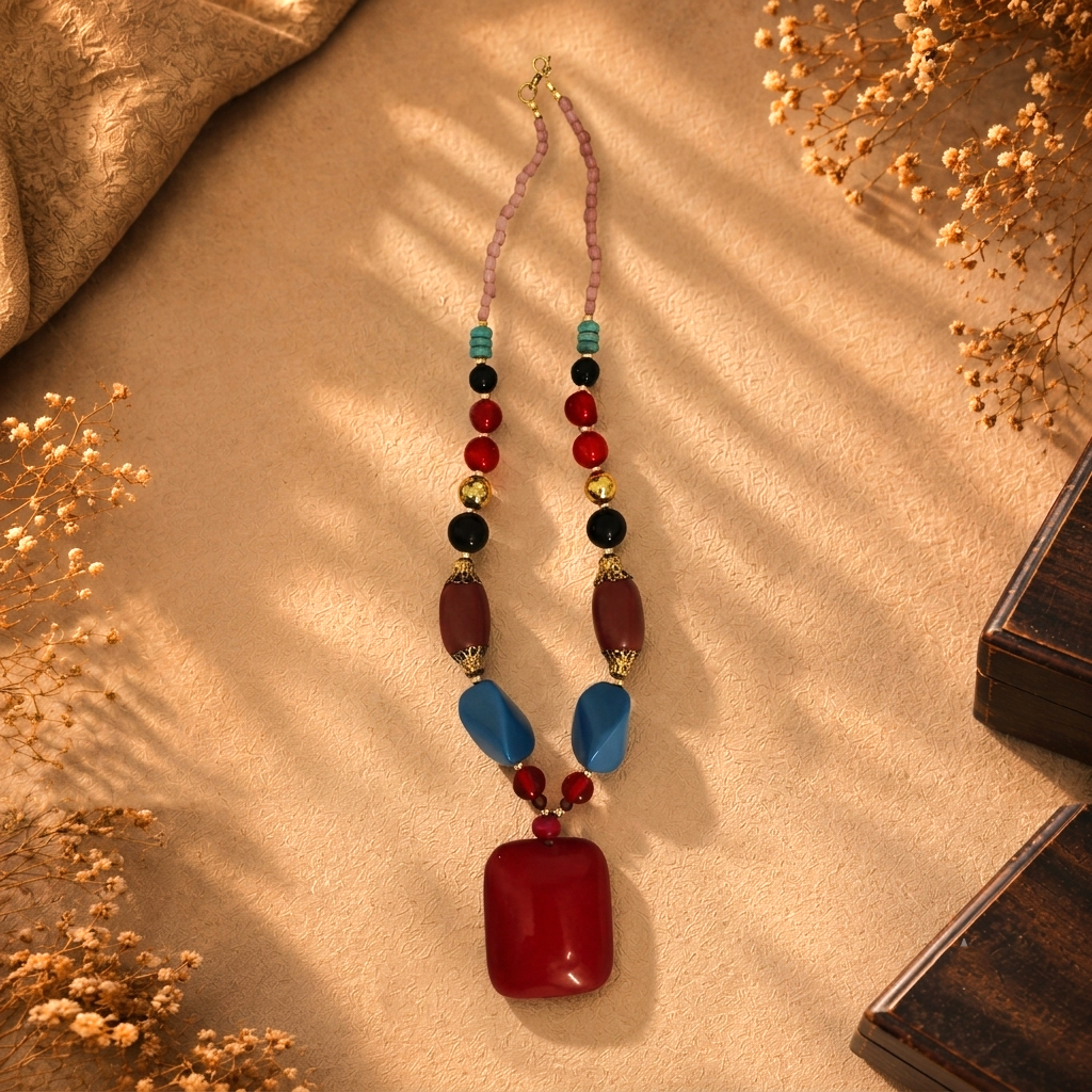 Handcrafted Crimson Red Resin & Multi-Bead Statement Necklace