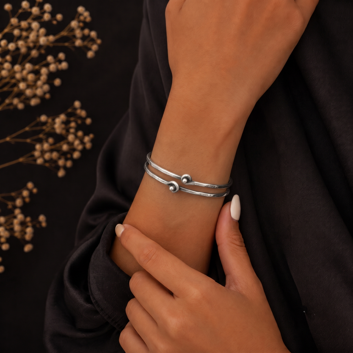 Astra Hook & Bead Silver Oxidized Bangles