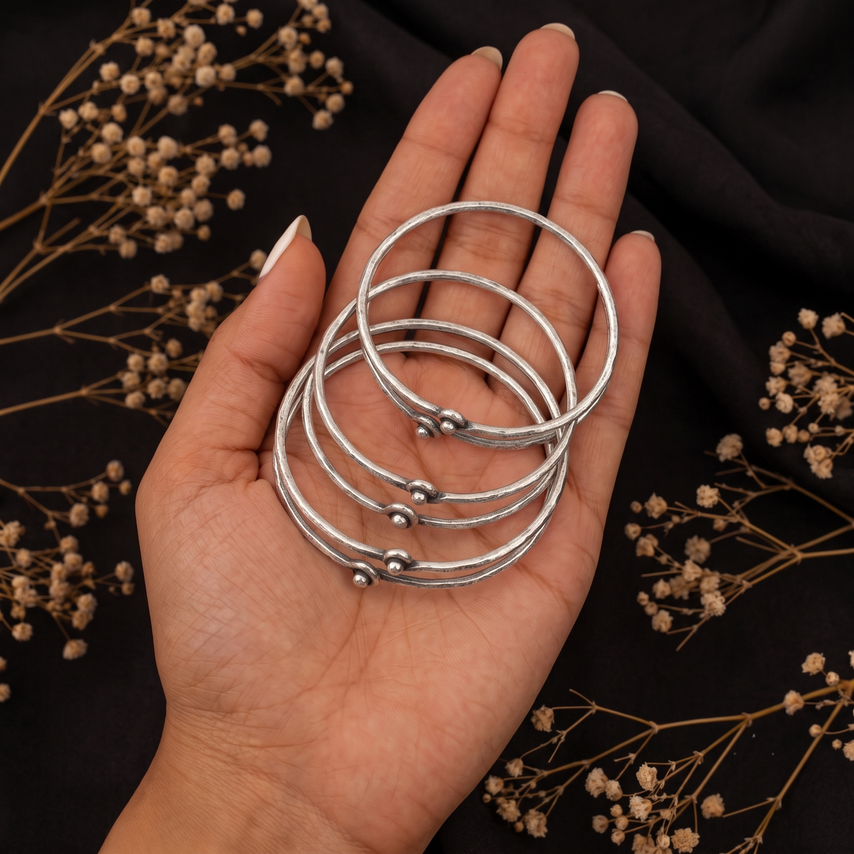 Astra Hook & Bead Silver Oxidized Bangles