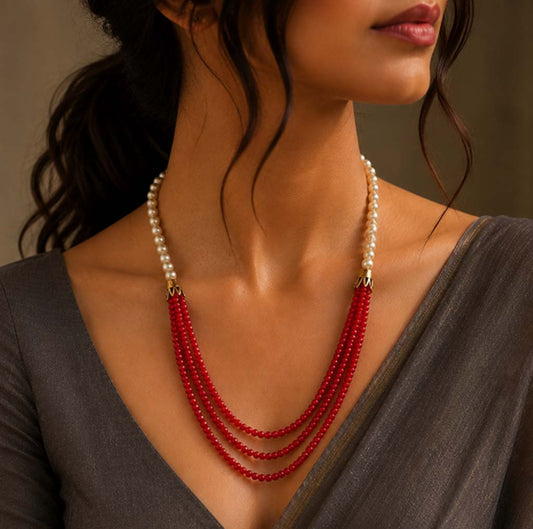 Coral Red & Pearl Multi-Strand Necklace