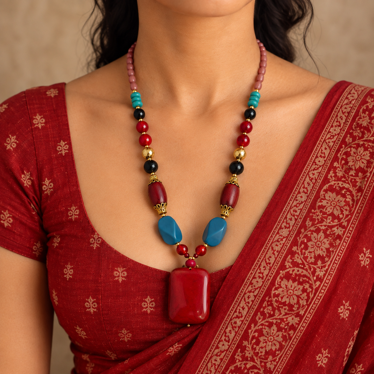 Handcrafted Crimson Red Resin & Multi-Bead Statement Necklace